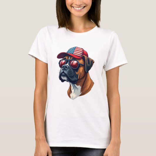 Boxer Dog Wearing White Red Blue T-Shirt (Vorderseite)