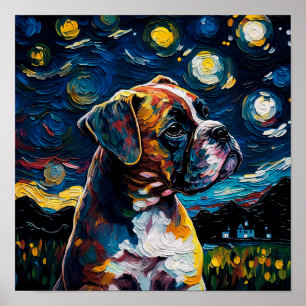 Boxer Dog Welppy Starry Night Van Gogh Style Poste Poster