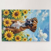 Boxer-Frühlings-Sonnenblumenfeld-Hund Puzzle (Horizontal)