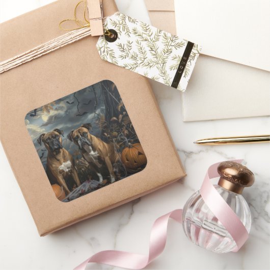 Boxer Halloween Night Doggy Delight Quadratischer Aufkleber (Schenken)