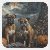 Boxer Halloween Night Doggy Delight Quadratischer Aufkleber (Vorderseite)