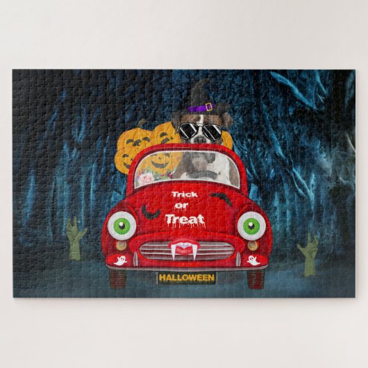 Boxer Hund Auto Beängstigend Halloween Puzzle (Horizontal)