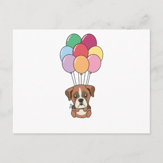 Boxer Hund fliegt mit farbenfrohen Balloons Postkarte (Vorderseite)