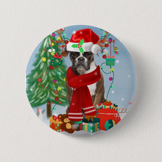 Boxer Hund im Schnee mit Weihnachtsgeschenken Button (Vorderseite)