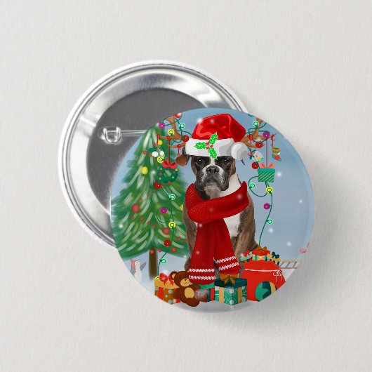 Boxer Hund im Schnee mit Weihnachtsgeschenken Button (Vorne & Hinten)