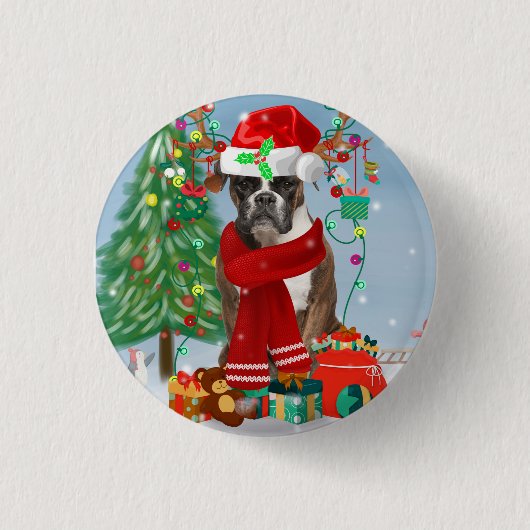Boxer Hund im Schnee mit Weihnachtsgeschenken Button (Vorderseite)