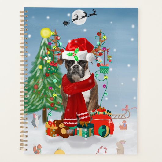 Boxer Hund im Schnee mit Weihnachtsgeschenken Planer (Vorderseite)