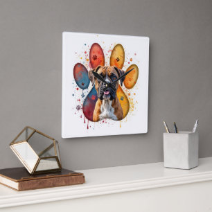 Boxer Hund in Aquarellfarben Quadratische Wanduhr