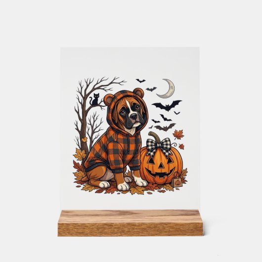 Boxer-Hund Karo Pullover Halloween Kürbis Fledermä Acrylschild (Vorderseite)