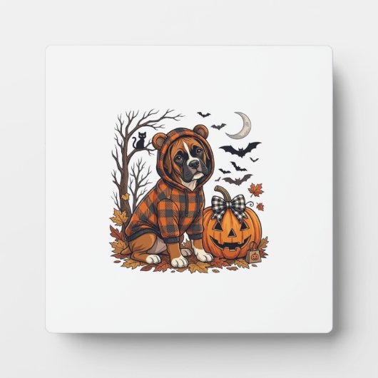 Boxer-Hund Karo Pullover Halloween Kürbis Fledermä Fotoplatte (Vorderseite)