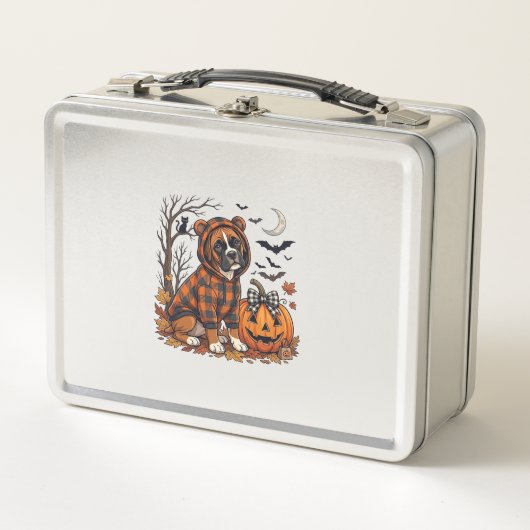 Boxer-Hund Karo Pullover Halloween Kürbis Fledermä Metall Brotdose (Vorderseite)