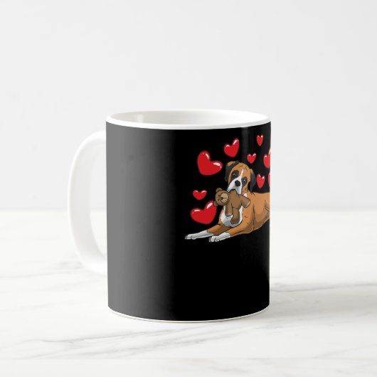 Boxer Hund mit ausgestopftem Tier und Herz Kaffeetasse (Vorderseite Links)