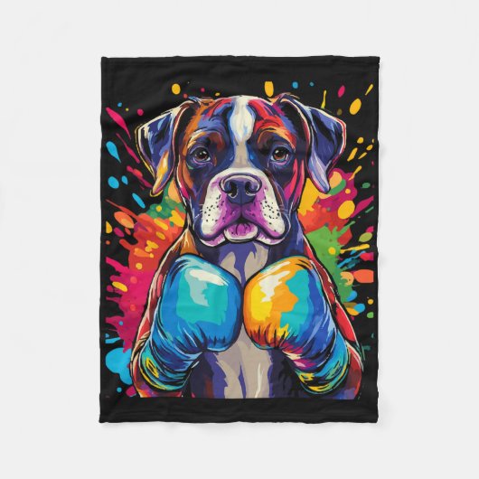 Boxer Hund mit Boxhandschuhen, Farbtupfer Fleecedecke (Vorderseite)
