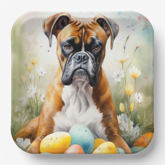 Boxer Hund mit Ostereiern Urlaub Pappteller (Vorderseite)