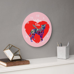Boxer Hund Silhouette Valentinstag Rosa Große Wanduhr