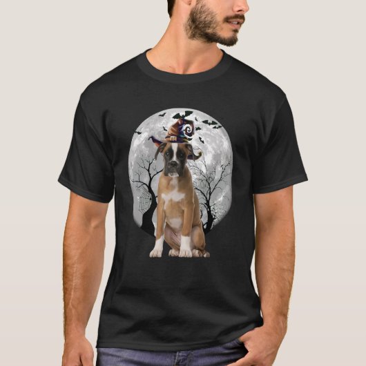 Boxer Hund und Mond Halloween Kostümhund T-Shirt (Vorderseite)