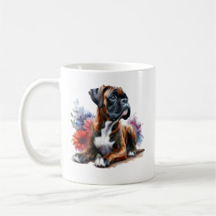 Boxer Hund unter den Blume in Wasserfarbe Kaffeetasse