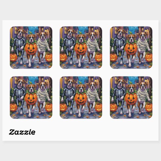 Boxer Hunde Trick-or-Treating in Halloween-Kostüme Quadratischer Aufkleber (Blatt)