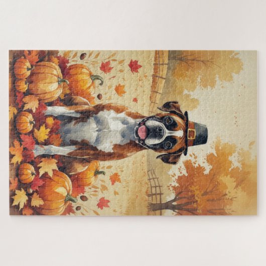 Boxer im Herbst hinterlässt Erntedank Kunst Puzzle (Horizontal)