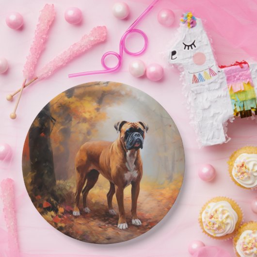Boxer im Herbst Leaves Fall Inspiriert Pappteller (Party)