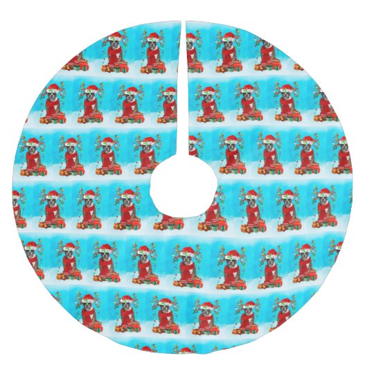 Boxer im Schnee mit Weihnachtsgeschenken Polyester Weihnachtsbaumdecke (Vorderseite)