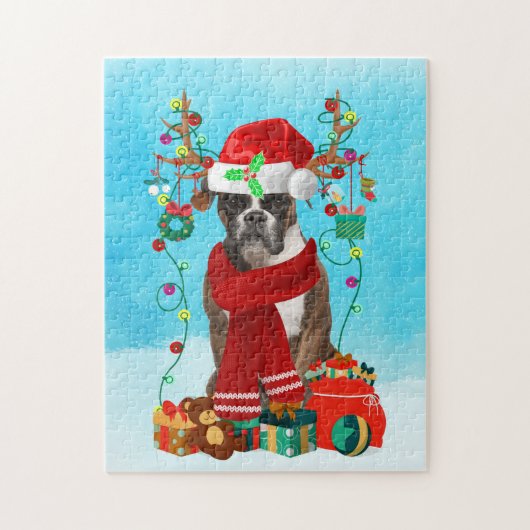 Boxer im Schnee mit Weihnachtsgeschenken Puzzle (Vertikal)