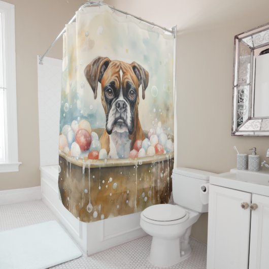 Boxer in der Badewanne Wasserfarben Kunst Duschvorhang (Beispiel)