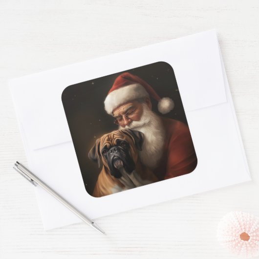 Boxer mit Weihnachtsfeiern Quadratischer Aufkleber (Umschlag)