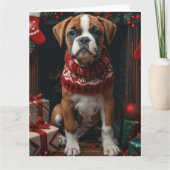 Boxer mit Weihnachtsgeschenken Feuerplatz Karte (Vorderseite)