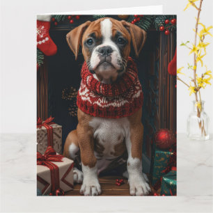 Boxer mit Weihnachtsgeschenken Kamin  Karte