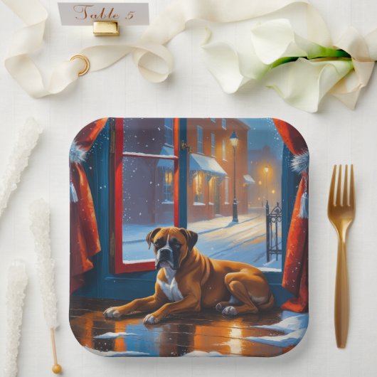 Boxer mit Weihnachtslichtern Urlaub Pappteller (Hochzeit)