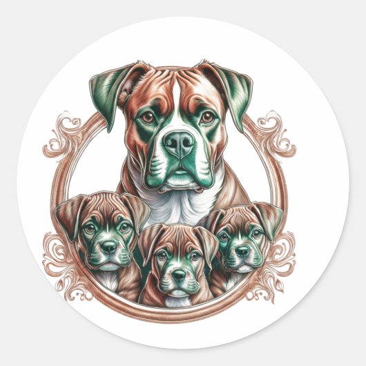 Boxer-Mutter und ihre 3 Welpen Runder Aufkleber (Vorderseite)