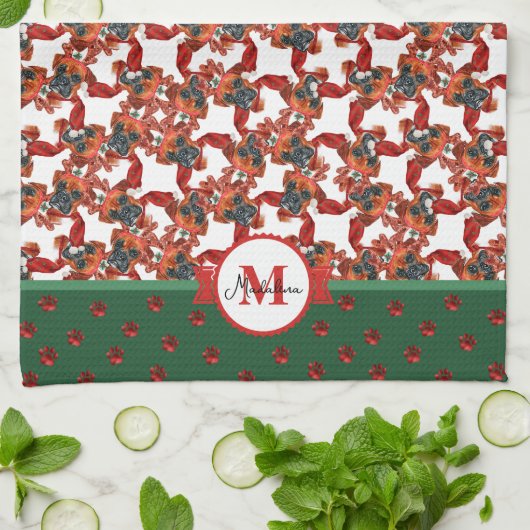 Boxer Pattern Monogram Christmas Dog Geschirrtuch (Gefaltet)