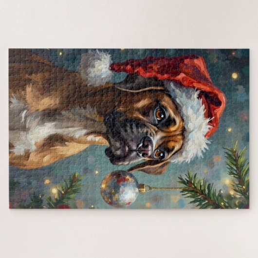 Boxer Playing with Christmas Puzzle (Horizontal)
