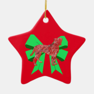 Boxer Silhouette Red Dog & Green Bow Weihnachten Keramik Ornament