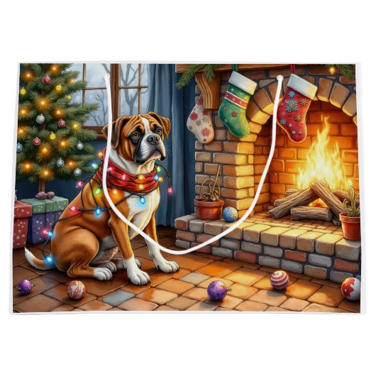 Boxer Sitting by Fireplace with Christmas Lights Große Geschenktüte (Vorderseite)
