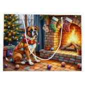 Boxer Sitting by Fireplace with Christmas Lights Große Geschenktüte (Rückseite)