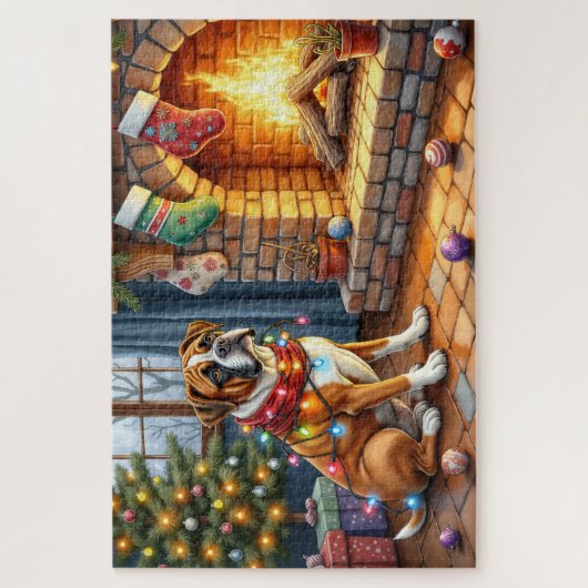 Boxer Sitting by Fireplace with Christmas Lights Puzzle (Vertikal)