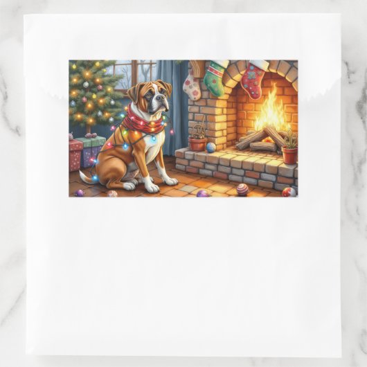 Boxer Sitting by Fireplace with Christmas Lights Rechteckiger Aufkleber (Tasche)