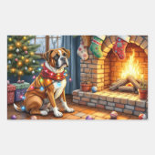 Boxer Sitting by Fireplace with Christmas Lights Rechteckiger Aufkleber (Vorderseite)
