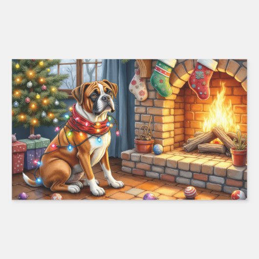 Boxer Sitting by Fireplace with Christmas Lights Rechteckiger Aufkleber (Vorderseite)