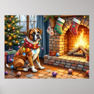 Boxer sitzt neben dem Kamin mit Weihnachtsbeleucht Poster