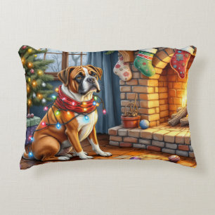 Boxer sitzt neben dem Kamin mit Weihnachtslichtern Dekokissen
