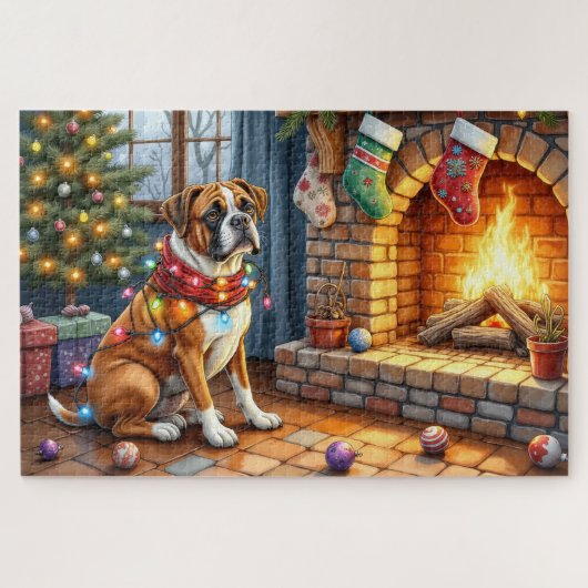Boxer sitzt neben dem Kamin mit Weihnachtslichtern Puzzle (Horizontal)