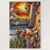 Boxer sitzt neben dem Kamin mit Weihnachtslichtern Puzzle (Vertikal)