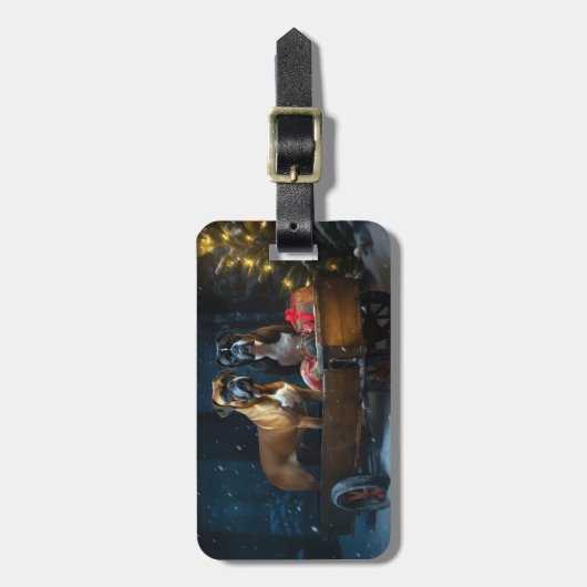 Boxer Snowy Sleigh Weihnachtsdekor Gepäckanhänger (Vorderseite vertikal)