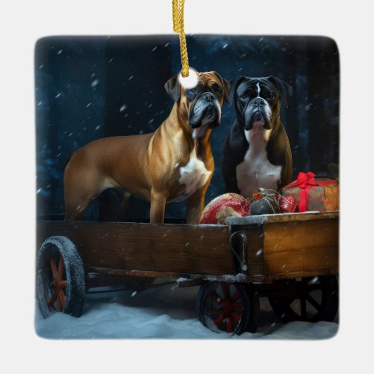 Boxer Snowy Sleigh Weihnachtsdekor Keramikornament (Vorderseite)
