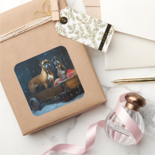 Boxer Snowy Sleigh Weihnachtsdekoration Quadratischer Aufkleber