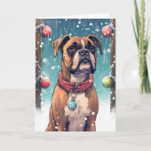 Boxer spielen mit Weihnachtsbaumchen im Schnee Karte (Vorderseite)