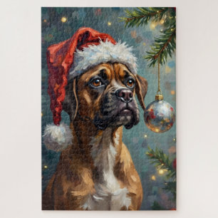 Boxer spielt mit Weihnachten Puzzle